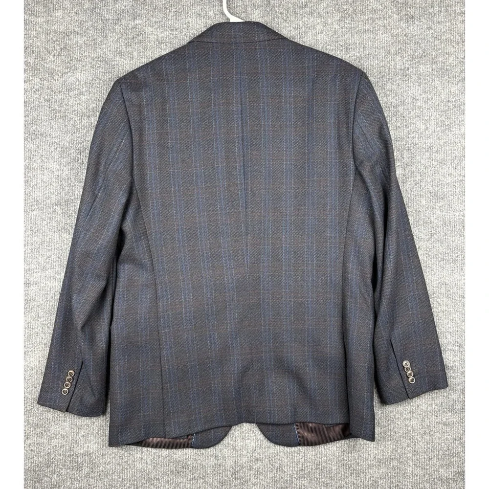 Johnston & Murphy Sport Coat Mens L Gray Blue Plaid 100% Wool Blazer Jacket